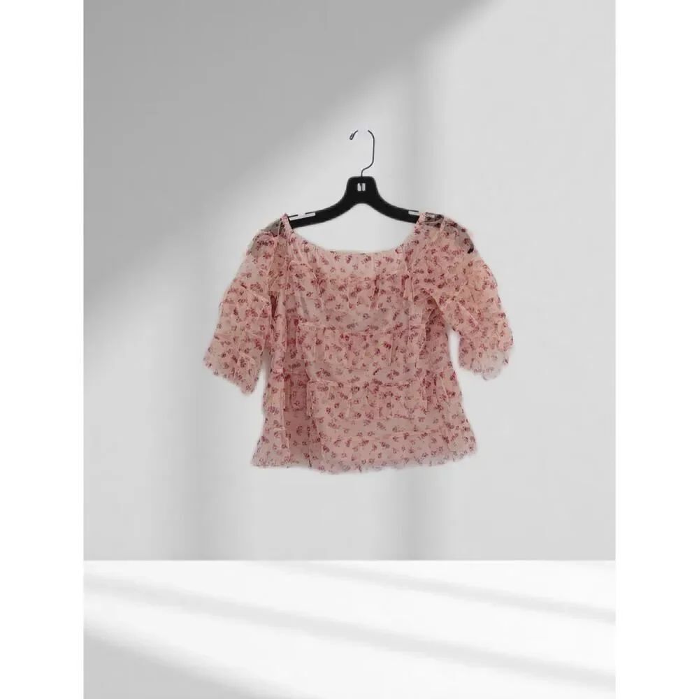 Express pink floral ruffle off-the-shoulder tops"